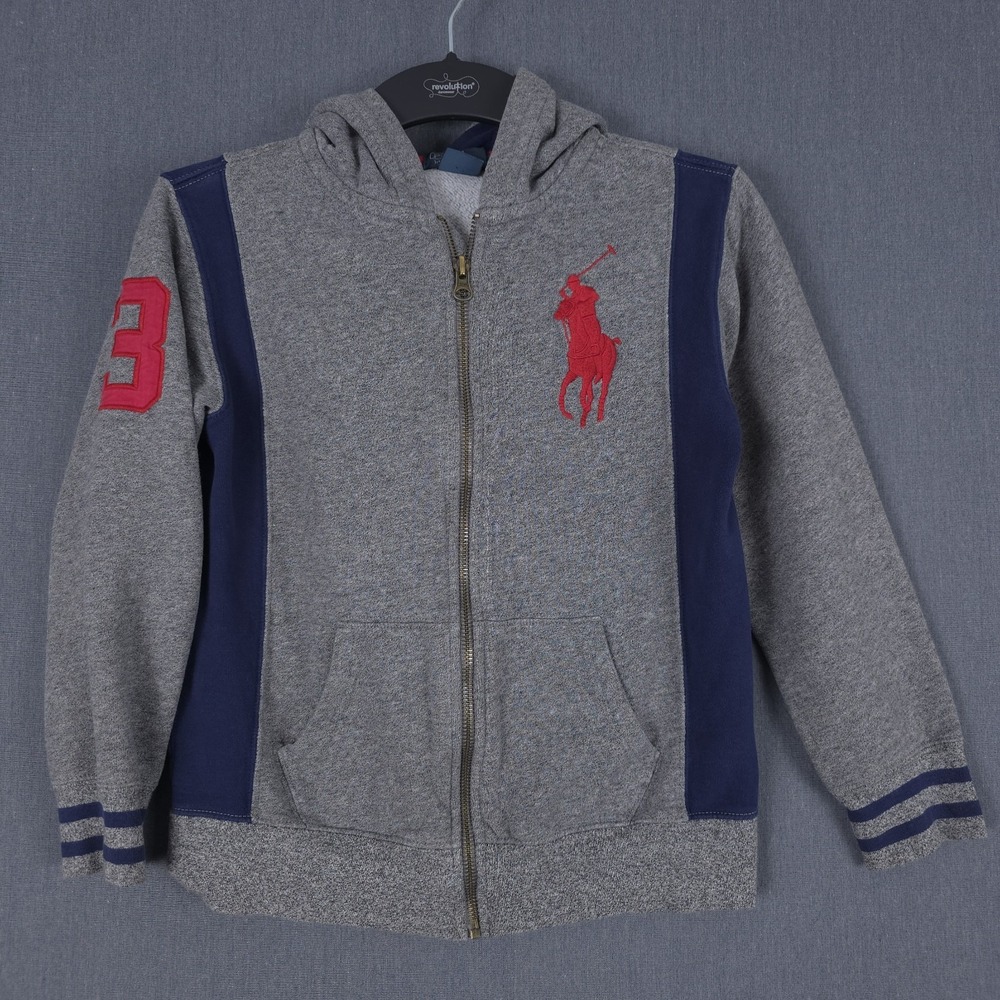 Polo Ralph Lauren Big Pony Hoodie Kids Small 8 Gray Blue Fleece Full Zip Jacket‎